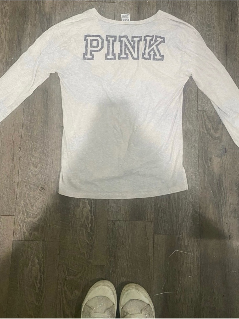 PINK Victoria's Secret White Long Sleeve Tee with Gray Logo